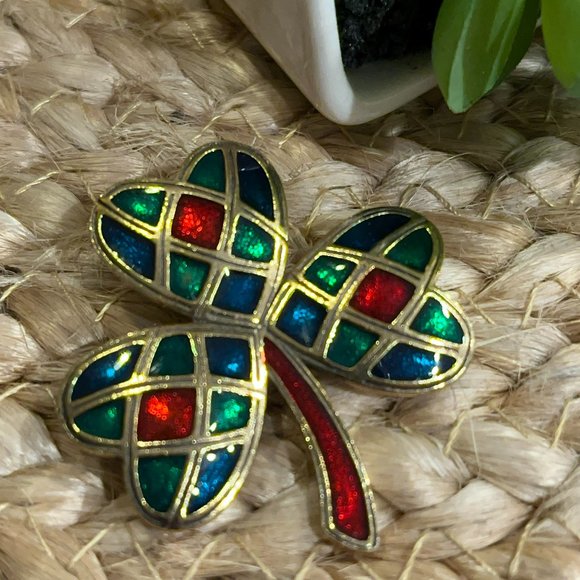Vintage Sol D'or Enameled Goldtone Metal Shamrock Brooch Celtic Pin Pendant - Picture 1 of 11